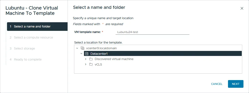 Setting a name and location for a new template