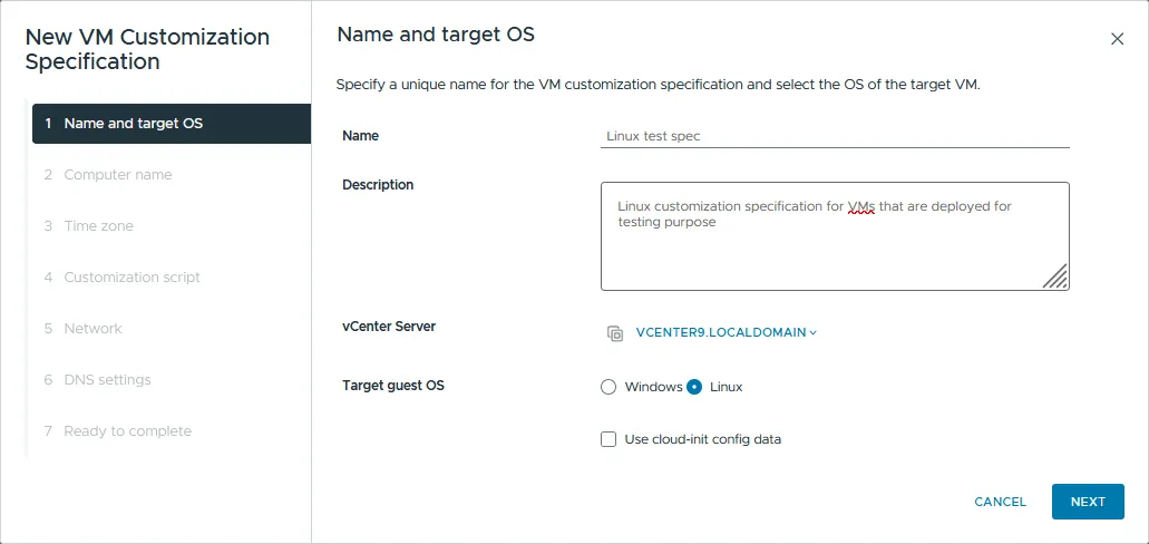 Setting a name, description, vCenter server and guest OS