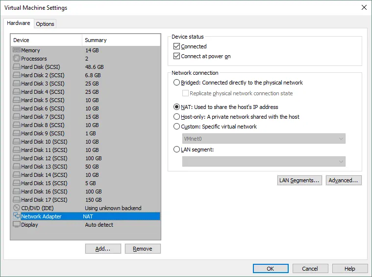 vCenter Server must be connected to the NAT virtual network