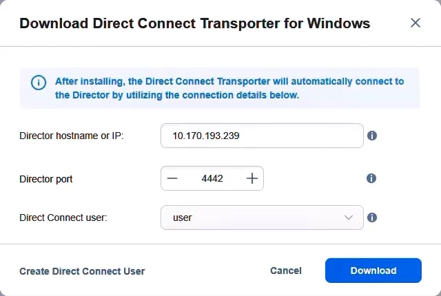 Downloading the Direct Connect Transporter with specific parameters