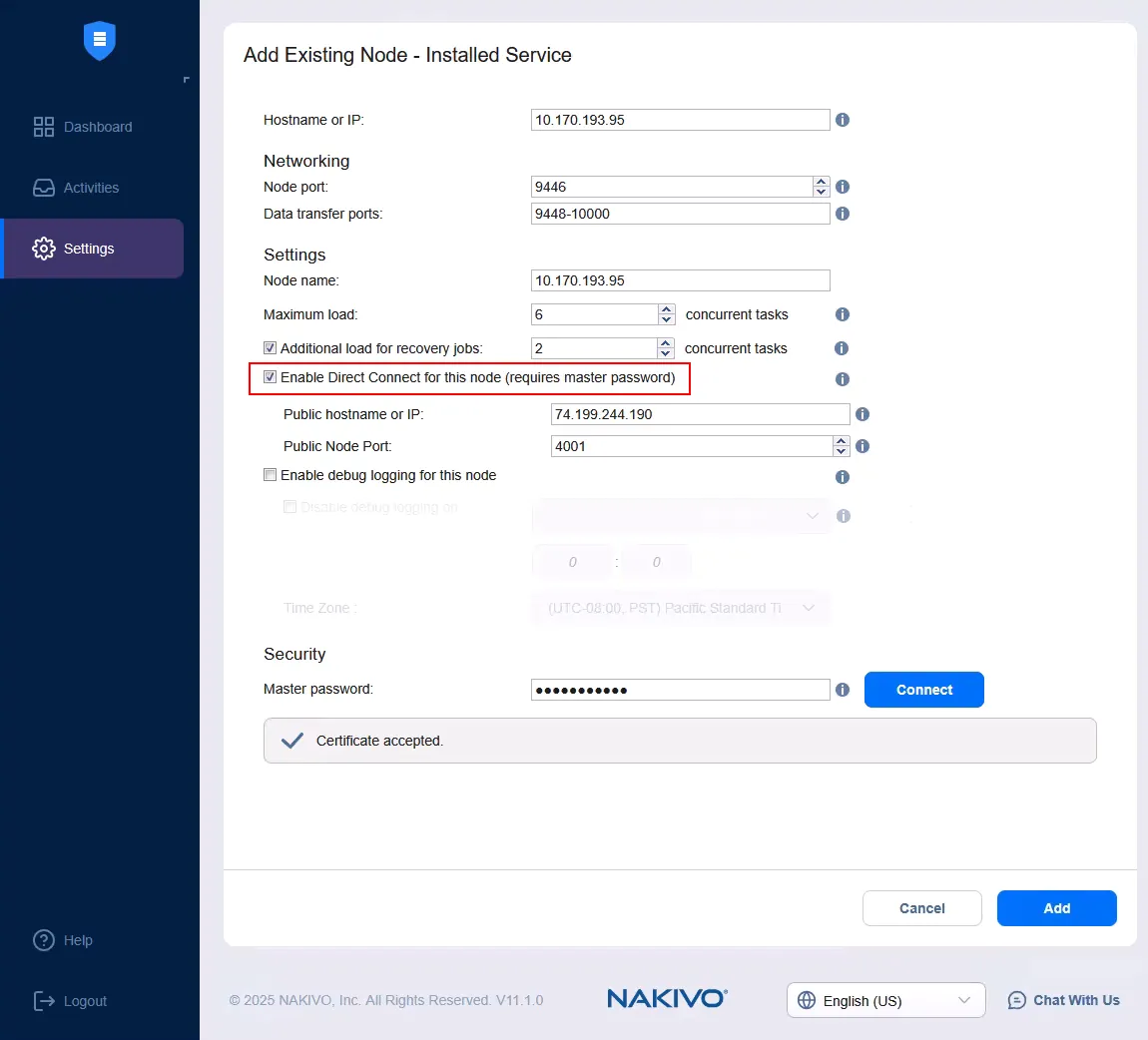 Enabling MSP Direct Connect for a node