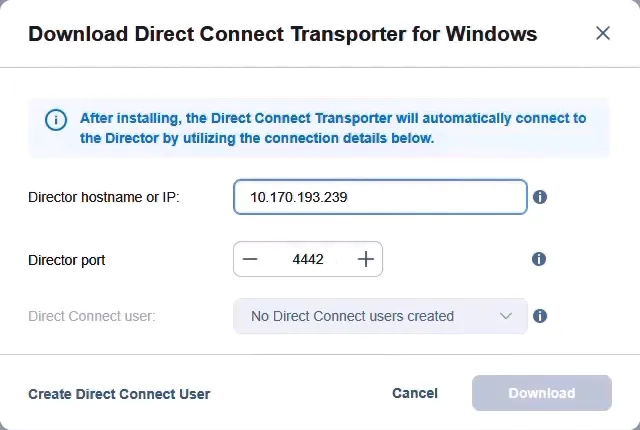 Entering the NAKIVO Director IP address and port number