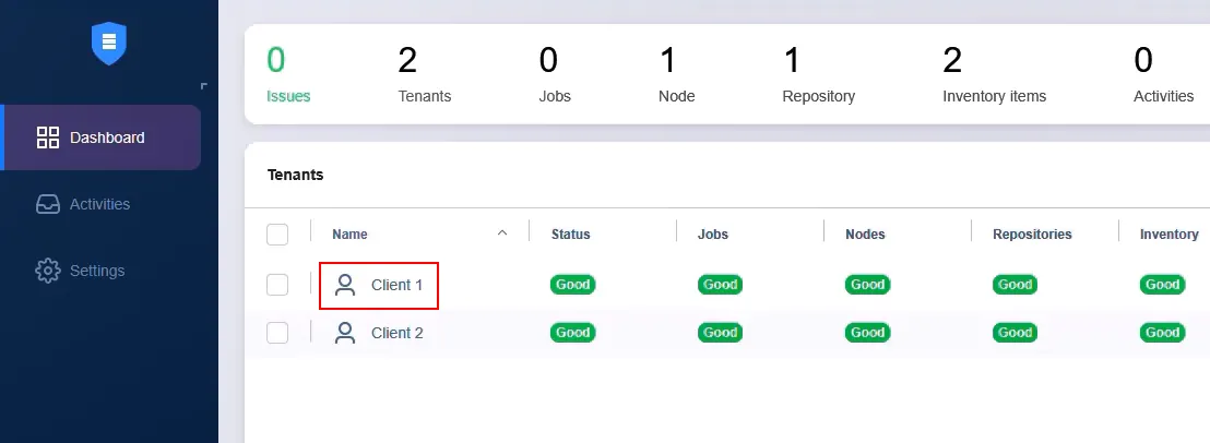 Selecting a tenant in the MSP dashboard