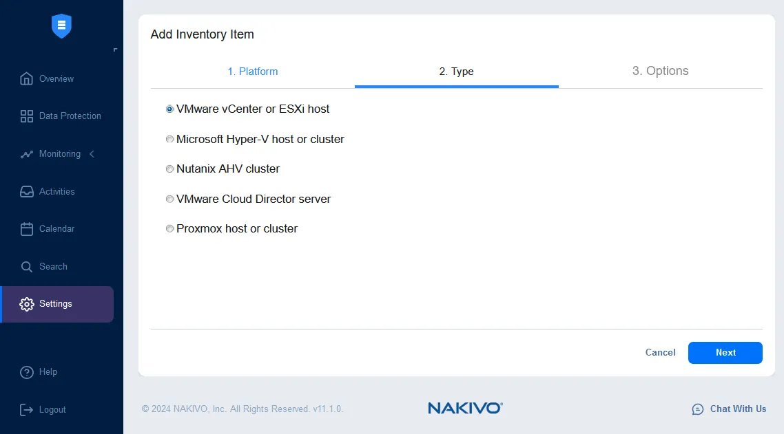 Selecting a type of the added platform