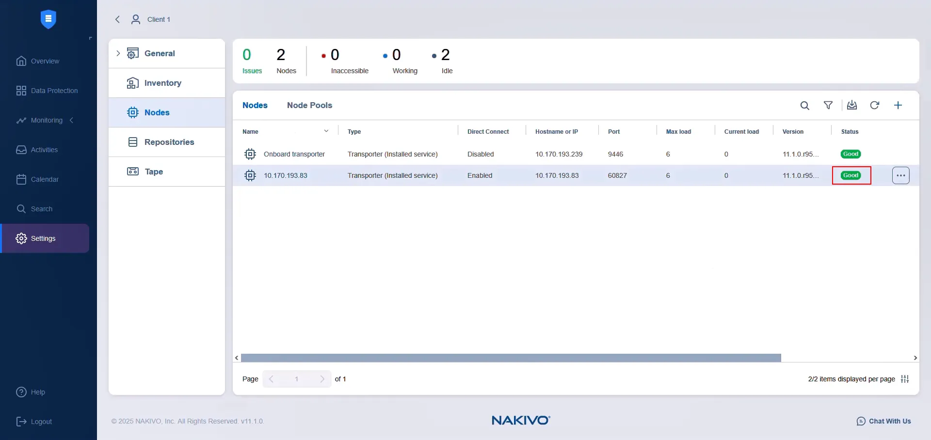The NAKIVO MSP Direct Connect Transporter’s status is Good