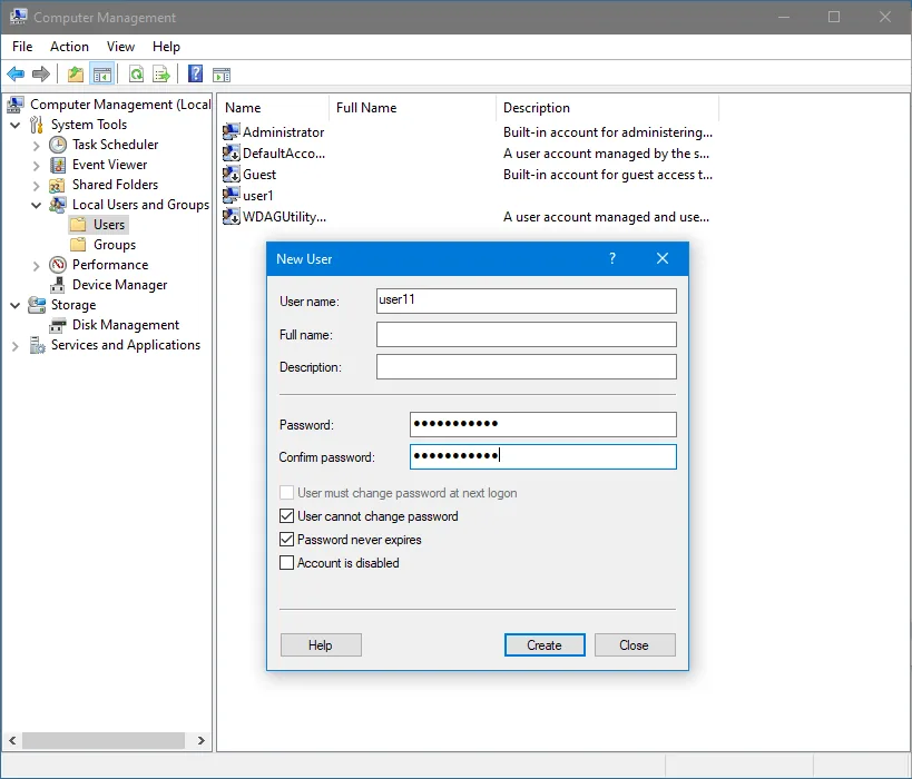 Configuring a local user account