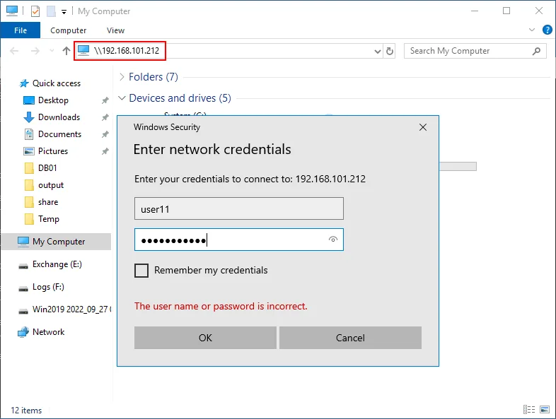 Entering credentials for a shared folder