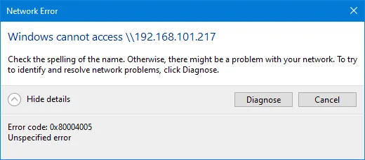 Error 0x80004005 in Windows file sharing