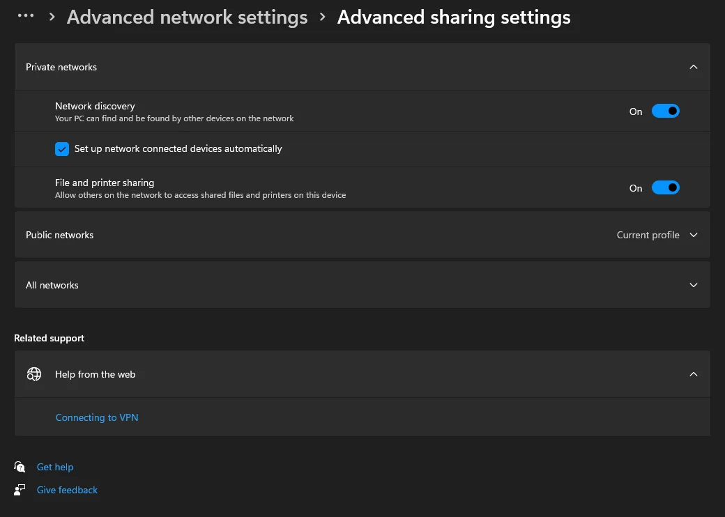 File and printer sharing enabled for a private profile