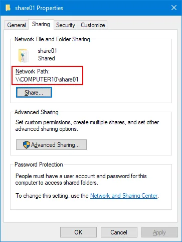 Network path to a shared folder