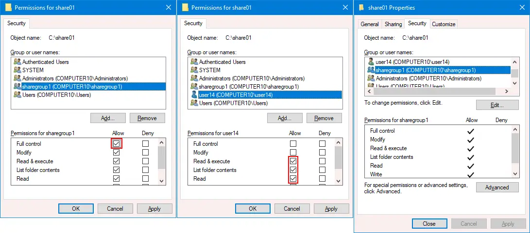 NTFS permissions configured