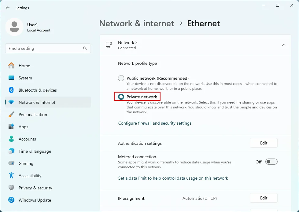 Selecting the Private network profile