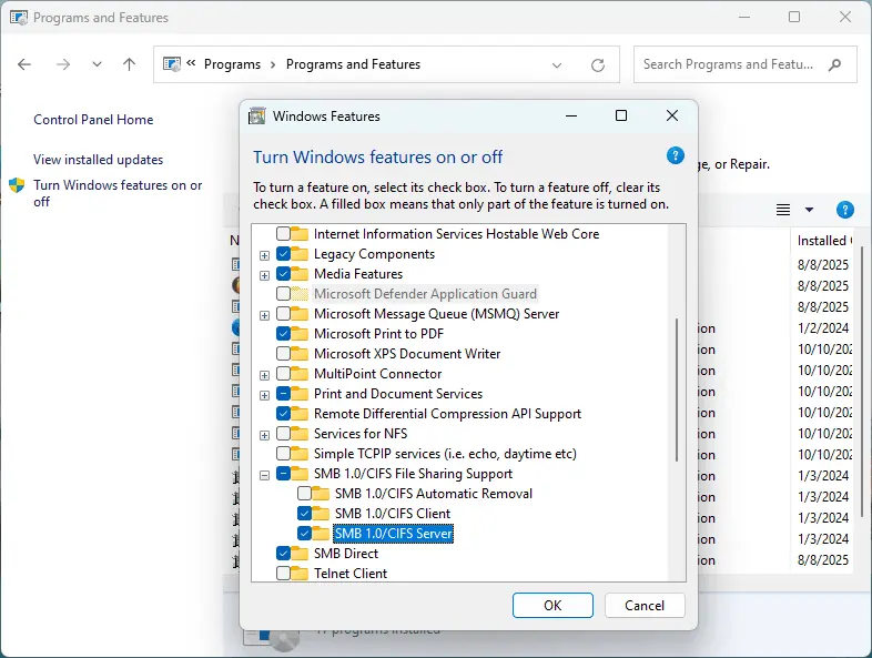 SMB 1.0/CIFS File Sharing Support selected