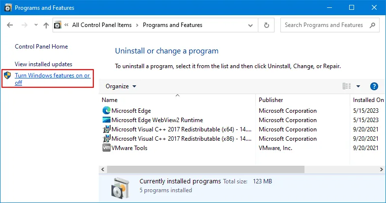 Windows Features dialog