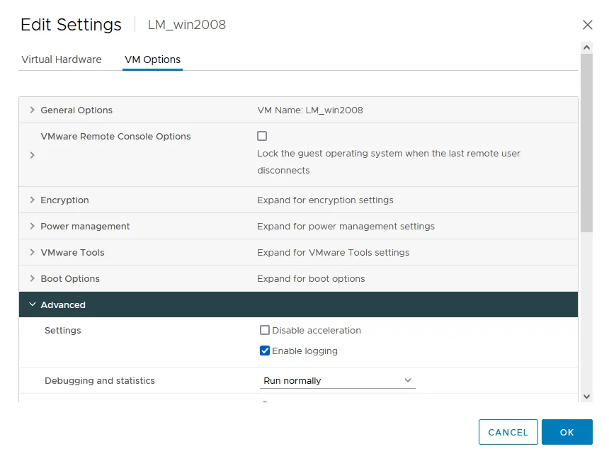 Enabling or disabling VM logging