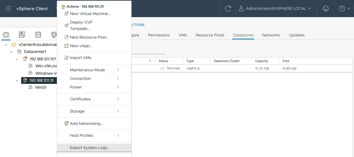 Exporting system logs in VMware vSphere Client