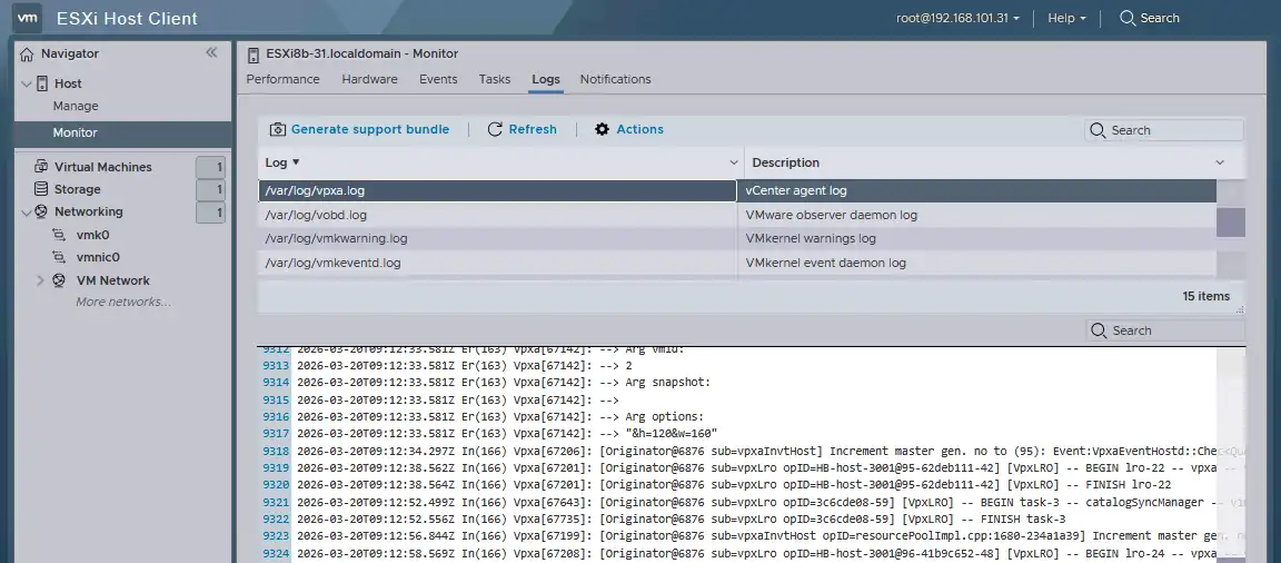 Viewing ESXi logs in VMware Host Client
