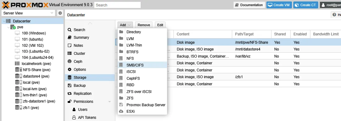 Adding an SMB/CIFS share in Proxmox