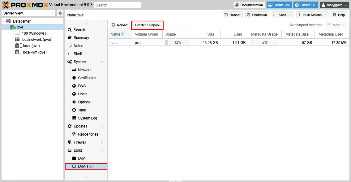 Adding LVM-Thin storage in Proxmox