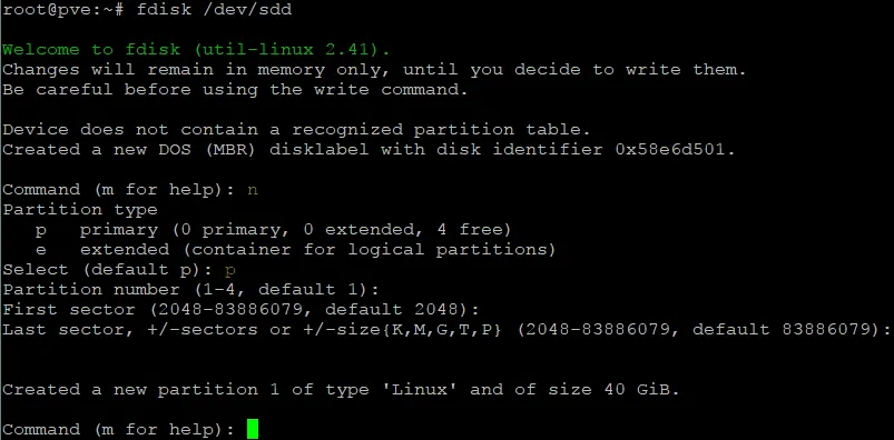 Creating a partition with fdisk