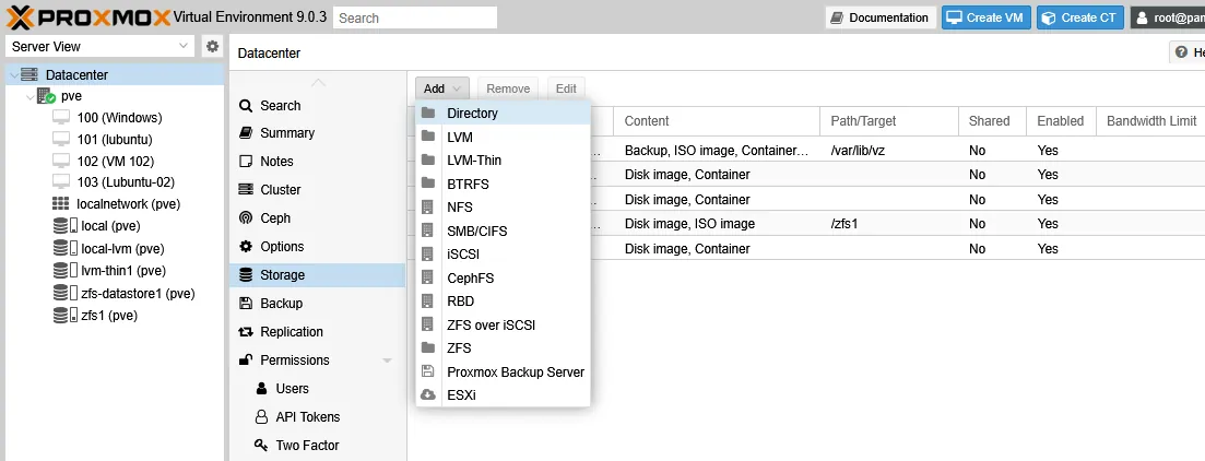 Creating the Directory storage in the Proxmox web interface
