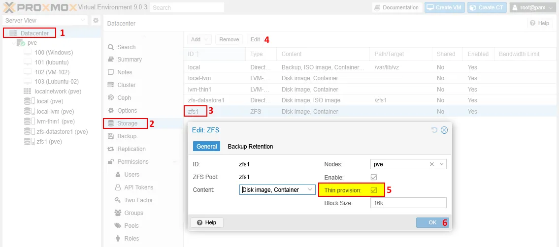 Enabling the Thin provision option for the ZFS pool
