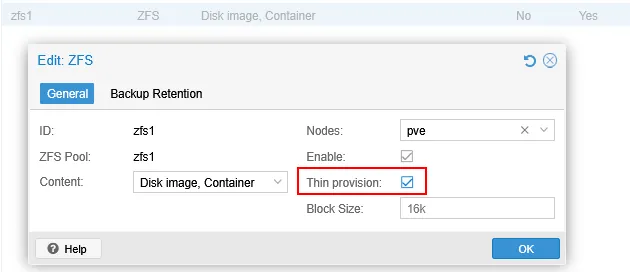Enabling the Thin provision option for ZFS storage