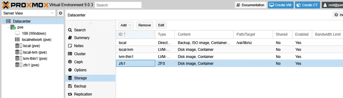 Proxmox ZFS storage is created