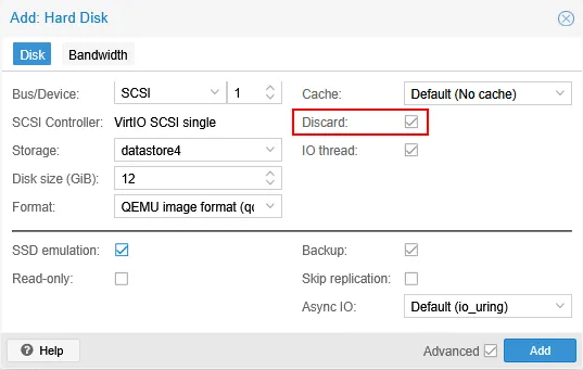 Selecting the Discard option for the disk