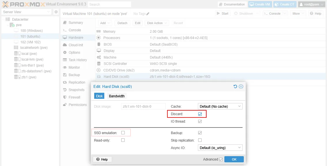 Selecting the Discard option in the disk settings