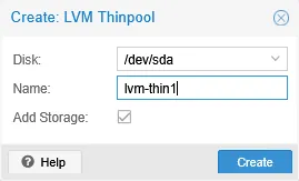 Specifying the disk and name for the LVM-Thin pool