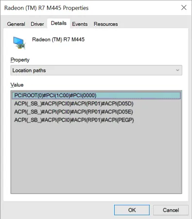 Viewing the location path of a video card in Device Manager