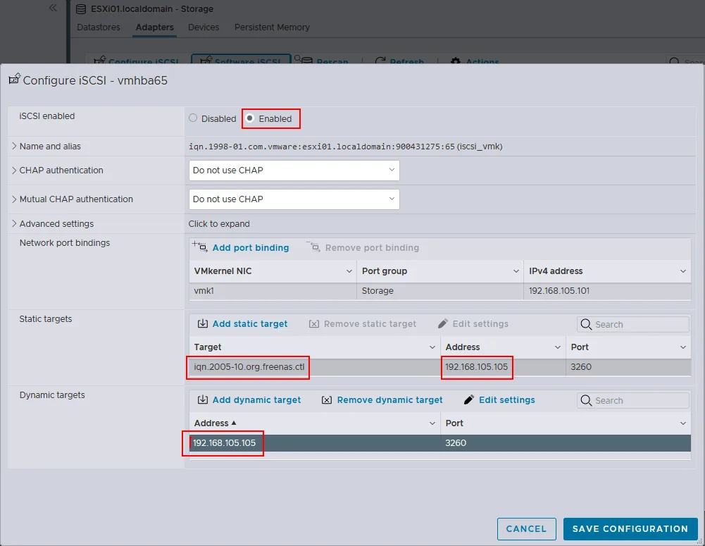 Configuring the iSCSI connection on an ESXi host