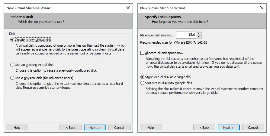Creating a new 15 GB virtual disk