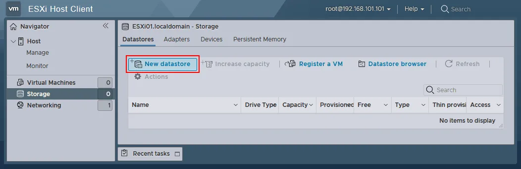 Creating a new directly attached datastore