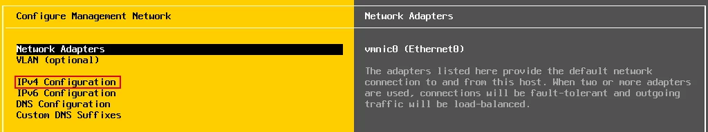 IPv4 Configuration of the network adapter