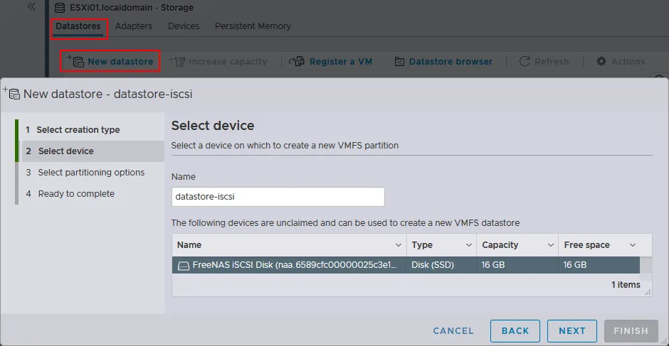 Selecting the iSCSI disk for creating a new datastore