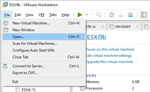 Selecting the Open VM option for deploying a VM from an OVA template