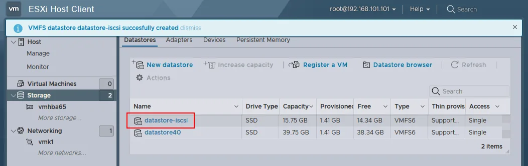 The remote iSCSI datastore has been created successfully