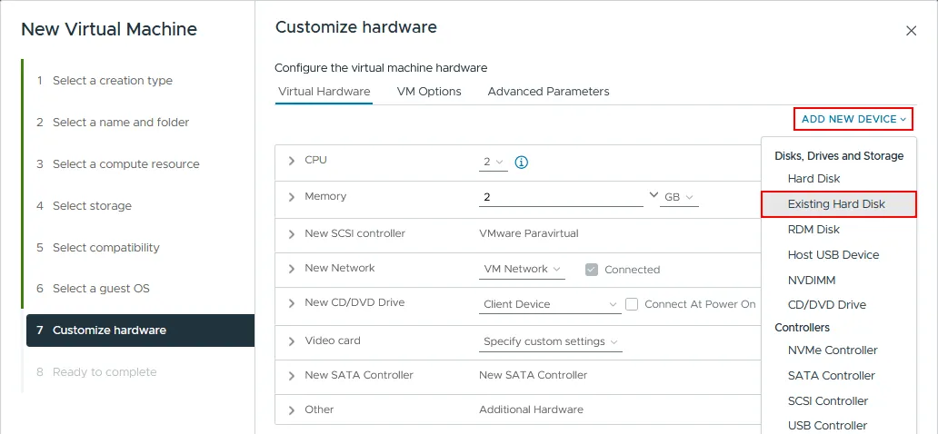 Adding the existing virtual disk