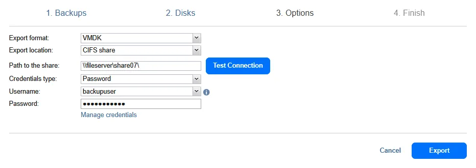 Configuring backup export destination options