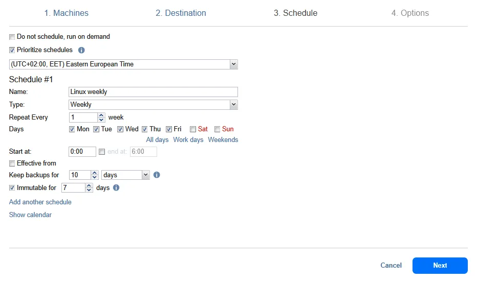 Configuring scheduling options and retention settings