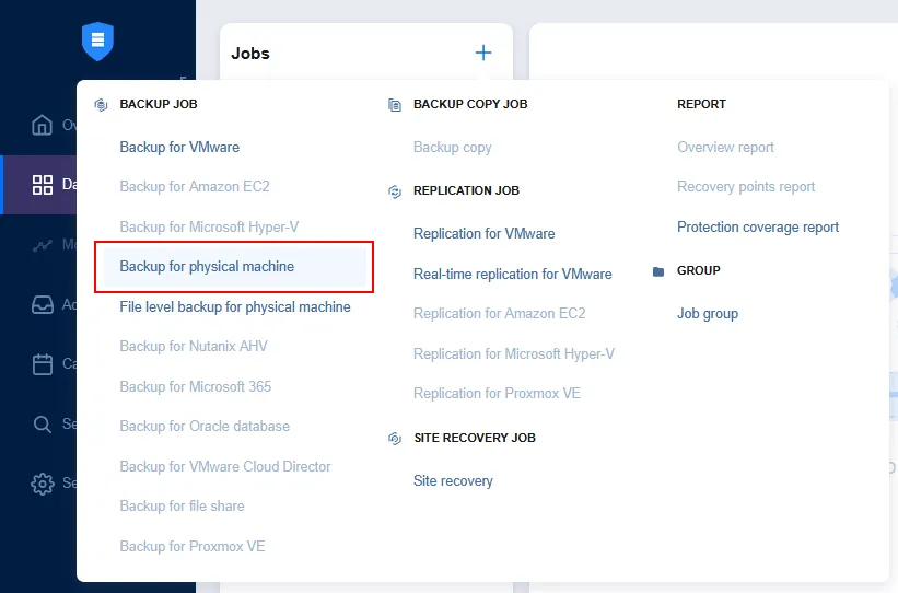 Creating a new Physical machine backup job