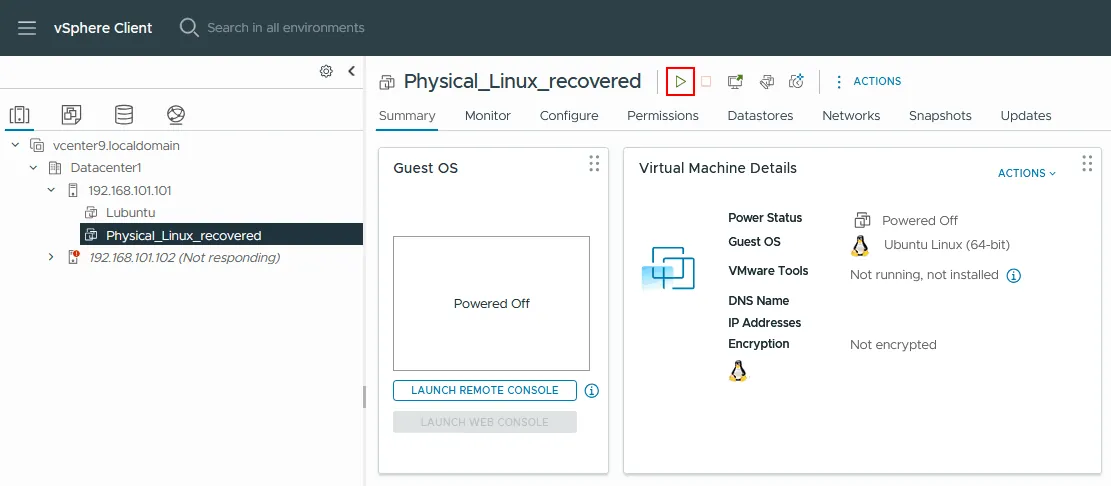 Powering on the VMware VM after conversion