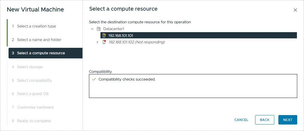 Selecting a compute resource for the new VM