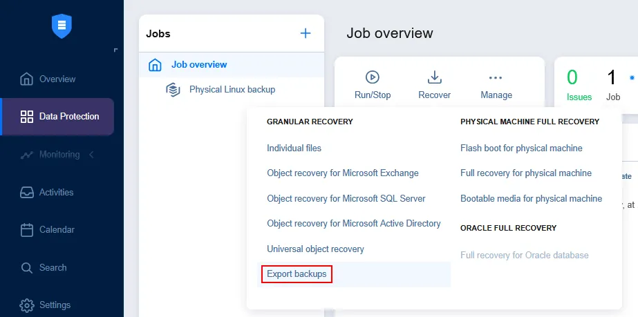 Selecting backup export for P2V recovery