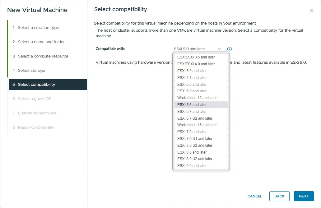 Selecting compatibility for the new VM