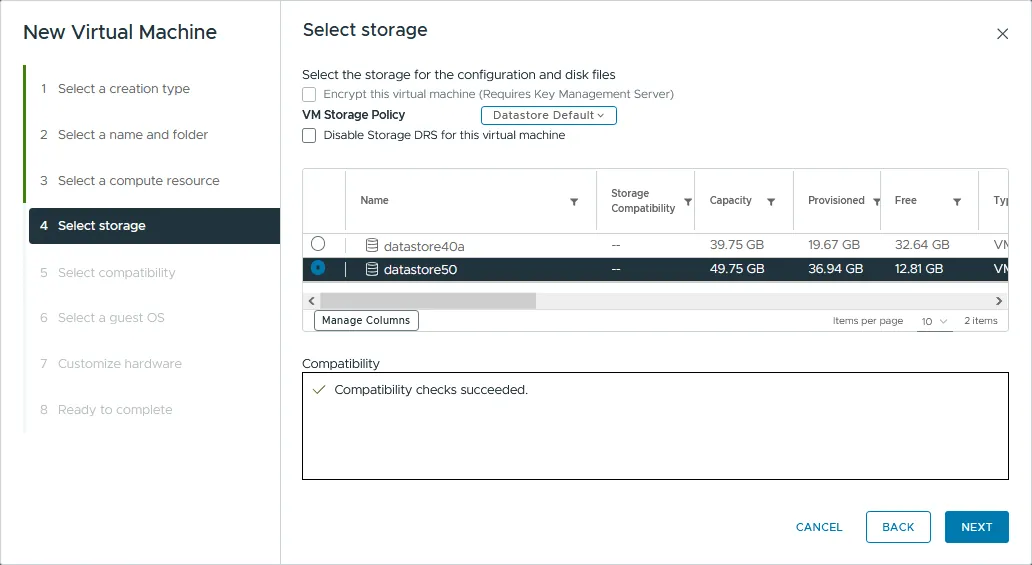 Selecting storage for the new VM
