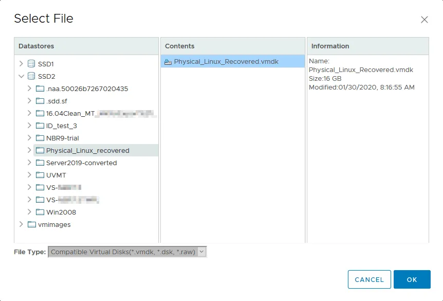 Selecting the exported virtual disk