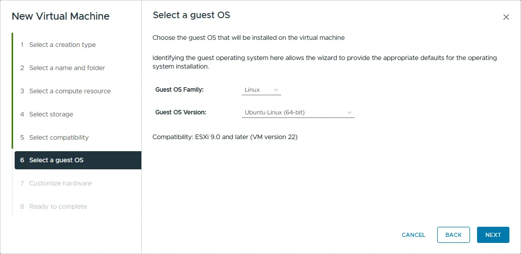 Selecting the guest OS family and version